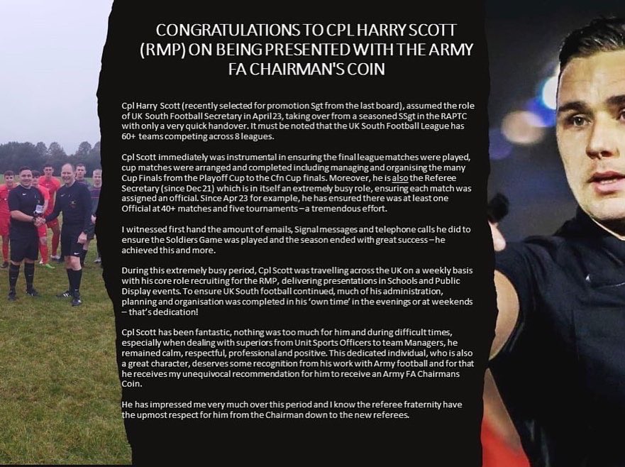 agc_football's tweet photo. Congratulations to Cpl Harry Scott, AGC (RMP) on being presented with the Army FA Chairman's coin from Brig A Cox. https://t.co/bDqMoWMQ7b
