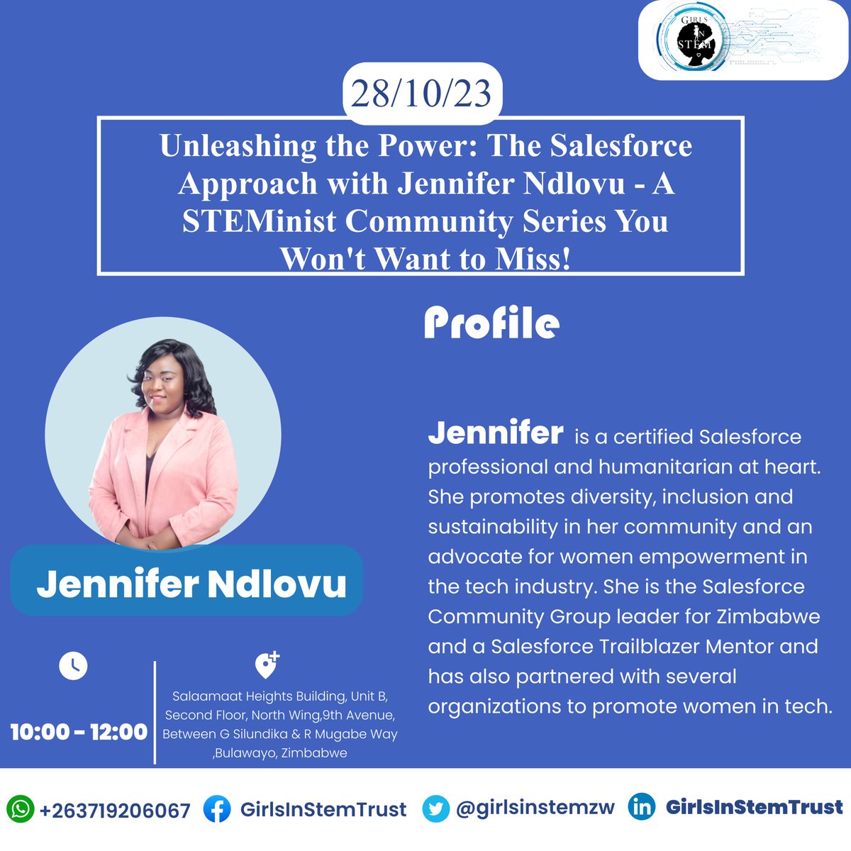 Join us for an empowering session tomorrow with Jennifer Ndlovu as she unveils the Sales Force Approach in our STEMinist Community Series. Get ready to unlock your potential and embrace the power of sales! #SalesForceApproach #STEMinistCommunity #UnleashYourPower #SalesForce