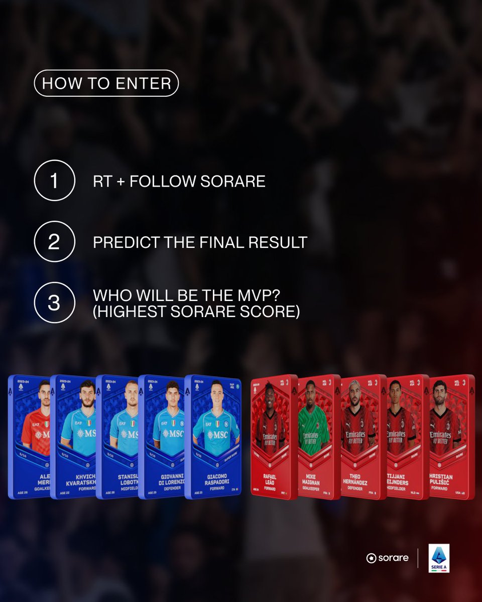 🔵🔴

Big clash in <a href="/SerieA/">Lega Serie A</a> 💪 

This is your chance to win 2 tickets to attend a <a href="/sscnapoli/">Official SSC Napoli</a> or <a href="/acmilan/">AC Milan</a> match! 

To enter:

1️⃣ - RT + Follow <a href="/Sorare/">Sorare</a>
2️⃣ - Predict the final result 
3️⃣ - Who will be the MVP? (Sorare highest score)

Good luck!