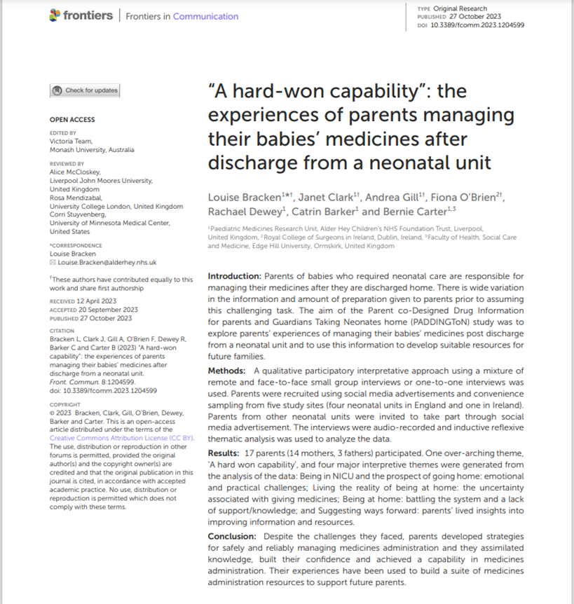 PaddingtonStudy's tweet photo. We're excited to share our first PADDINGToN publication on parents' experience managing their babies medicines after NICU discharge  @BrackenLouise @Andrea_Gi11 @FionaSOBrien1 @CarterBernie and those who are too cool for Twitter Janet, Catrin and Rachael :) @PMRUalderhey https://t.co/XVAGR2S48a