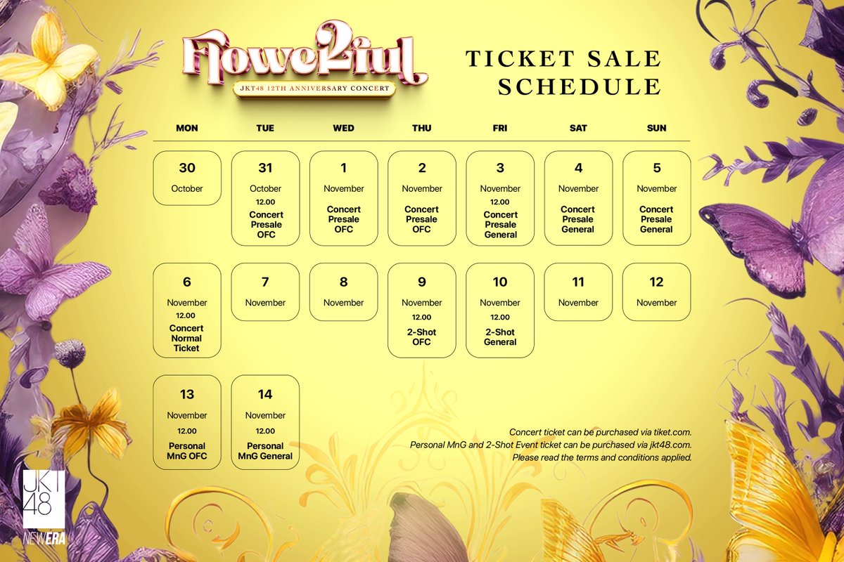 officialJKT48's tweet photo. Berikut adalah jadwal penjualan tiket untuk FLOWERFUL - JKT48 12th Anniversary Concert dan juga Personal Meet and Greet &amp; 2-Shot Event: https://t.co/dYRhzMGdQT