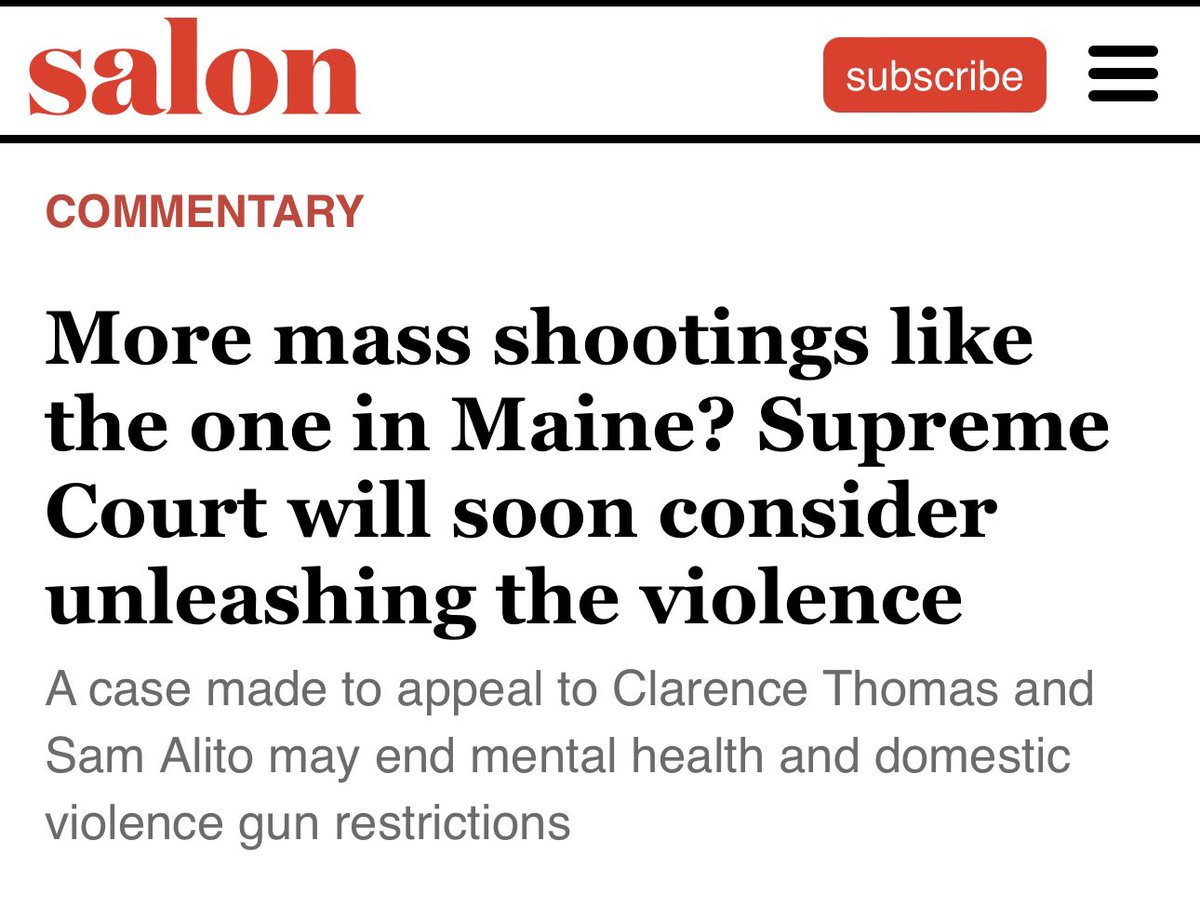 Nov 7, SCOTUS will hear a case that could force every state to let men like Maine's mass shooter access guns. And it’s very possible that the court - led by gun extremists like Thomas, Coney Barrett and Alito - will rule in favor of more mass shootings: salon.com/2023/10/27/mor…