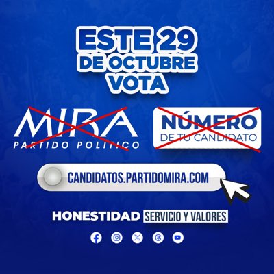 Este domingo 29 de octubre, vota por los candidatos del <a href="/PartidoMIRA/">Partido MIRA</a>.

Confirma cómo marcar el tarjetón por Asamblea, Concejo y JAL, en: candidatos.partidomira.com

<a href="/PartidoMIRA/">Partido MIRA</a>: ¡Honestidad, Servicio y Valores!