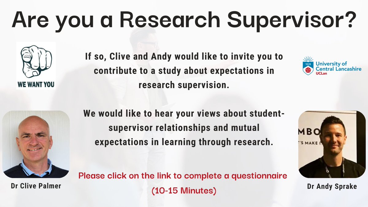📢Please RT! Are you a Research Supervisor? Would you like to share your views on student-supervisor relationships and expectations? Click the link to complete a questionnaire: forms.office.com/e/Rt9trvHyDU @UCLanResearch @ukcge @SRHE73 @BERAHighEd @timeshighered @AdvanceHE @FindAPhD