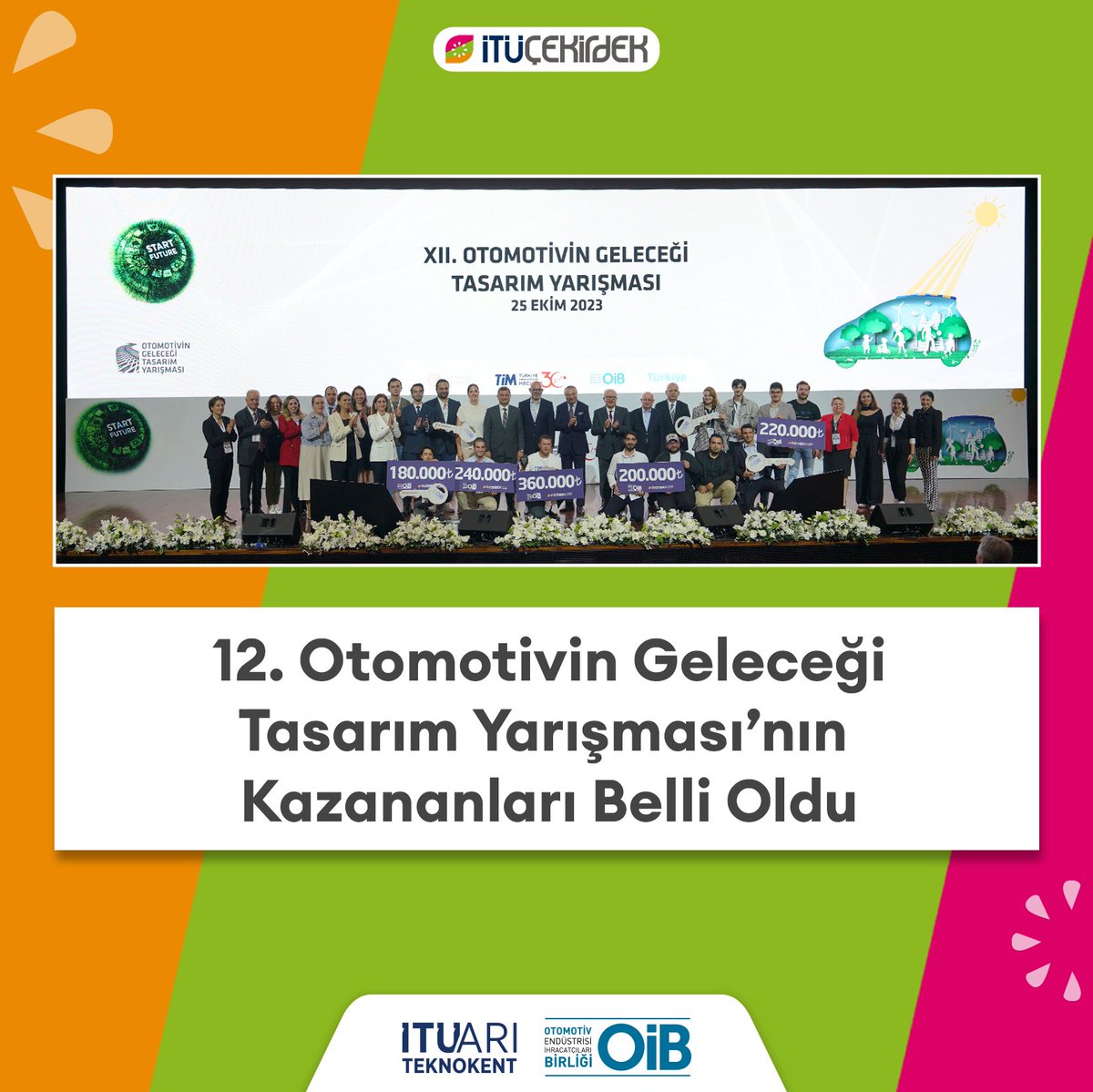 itucekirdek's tweet photo. 12. Otomotivin Geleceği Tasarım Yarışması’nın sonuçları belli oldu!

İTÜ Çekirdek iş birliği ile gerçekleştirilen finalde otomotiv ve mobilitenin geleceğini şekillendirecek olan girişimler, OİB'den 1,2M TL'lik nakit ödülün yanı sıra İTÜ Çekirdek'in de anahtarını alarak, hem İTÜ Çekirdek Kuluçka Programı’na hem de Big Bang 2023'e katılma hakkı kazandılar.

Değerli jüri üyelerinin oylarıyla kazananların belirlendiği yarışmada birincilik ödülünü @newkydigitalkey alırken, @wyseye girişimi ikinci, #DrivenAVS ise üçüncülük ödülünün sahibi oldu.

#ZGNOtonom dördüncü, #Sutech ise beşinci oldu.

Otomotiv İhracatçıları Birliği’nin İTÜ ARI Teknokent ile güçlü iş birliğinin bir göstergesi olarak otomotiv ve mobilite alanında İTÜ Çekirdek’te yetişen girişimler geleceği aydınlatmaya devam edecek. 🚙💚

#İTÜÇekirdek @oibkurumsal @ogty @ariteknokent @attiladikbas @arzueryilmaz12