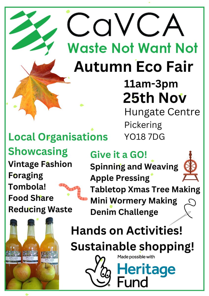After a successful summer fair in Scarborough, the Waste Not Want Not project is coming to PICKERING!  Join us on the 25th November from 11am-3pm for fun eco activities, sustainable shopping options and a chance to learn new skills which will help you reduce waste and save money