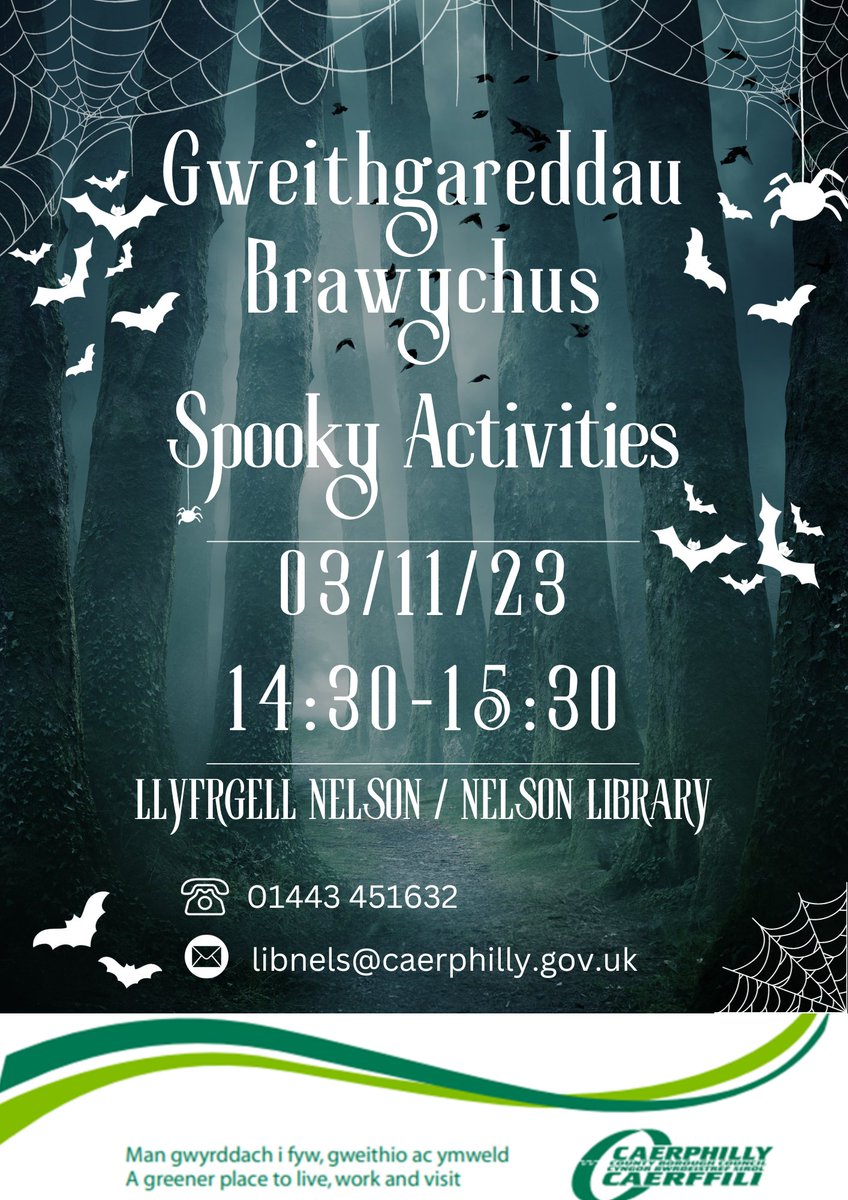 Nelson_Lib's tweet image. Gweithgareddau arswydus dydd Gwener nesaf yn y llyfrgell am 14:30
#HannerTymor #CalanGaeaf #DiwrnodPwmpen #HwylLlyfrgelloedd #CaruLlyfrgelloedd
🪄🧹🧙‍♀️🦇🎃📗🎃🦇🧙‍♀️🧹🪄
Spooky activities next Friday in the library at 14:30
#HalfTerm #Halloween #PumpkinDay #LibraryFun #LoveLibraries