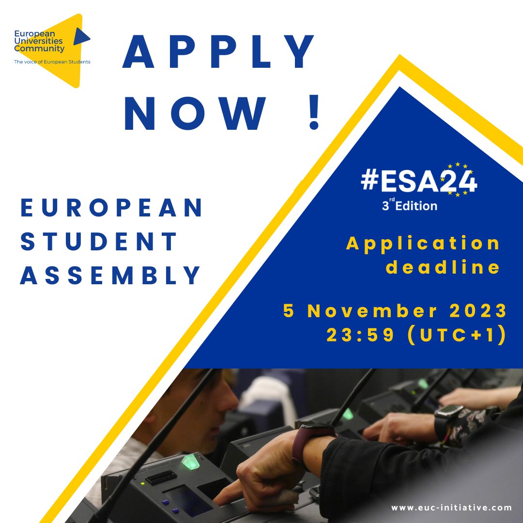 🇪🇺 Applications for #ESA24 are now open! Don't miss the opportunity to be part of the European debates! If you are an European student click here to apply: eucinitiative.wordpress.com/esa24-applicat… #StudentsVoice #EuropeanYouth