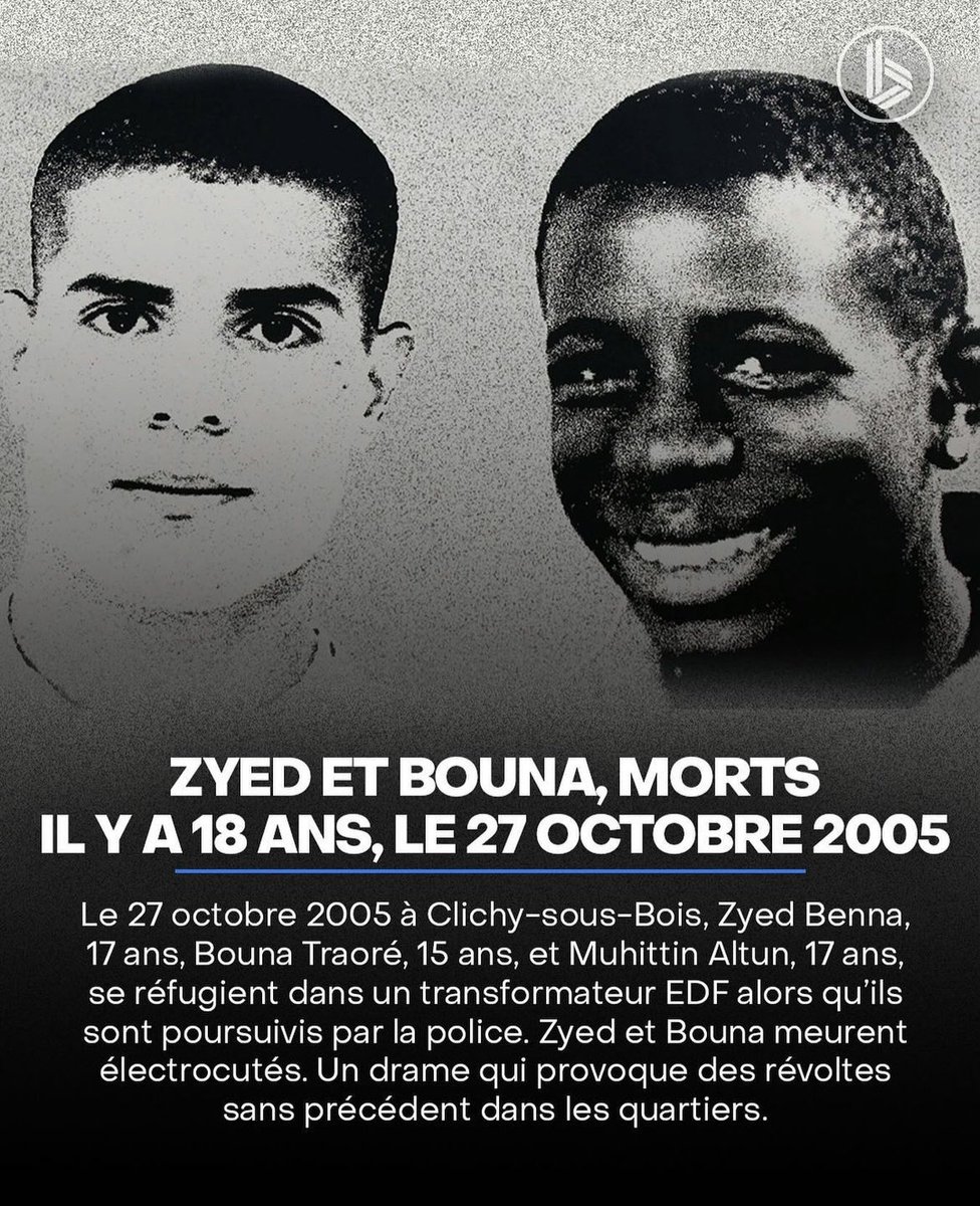 booska_p's tweet photo. 27 octobre 2005 : Zyed et Bouna sont morts il y a 18 ans jour pour jour.

Deux visages adolescents, qui représentent malgré eux le drame des violences policières.

L’an dernier, au moins 38 personnes ont trouvé la mort à l’issue d’une mission de police en France. https://t.co/eW1Y30Qkyu