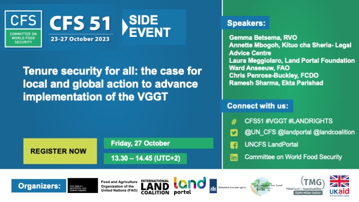 landcoalition's tweet photo. ✊ Join forces with us TODAY to achieve #tenuresecurity for all!
Register now for our #CFS51 side event > https://t.co/dul5DQaL10
On 27 OCT at 13:30 CET, you'll hear from:
@RVO_Nederland
@KituoSheria
@landportal
@FAO
@FCDOGovUK
@ECVC1 https://t.co/Jr0cS7eizl