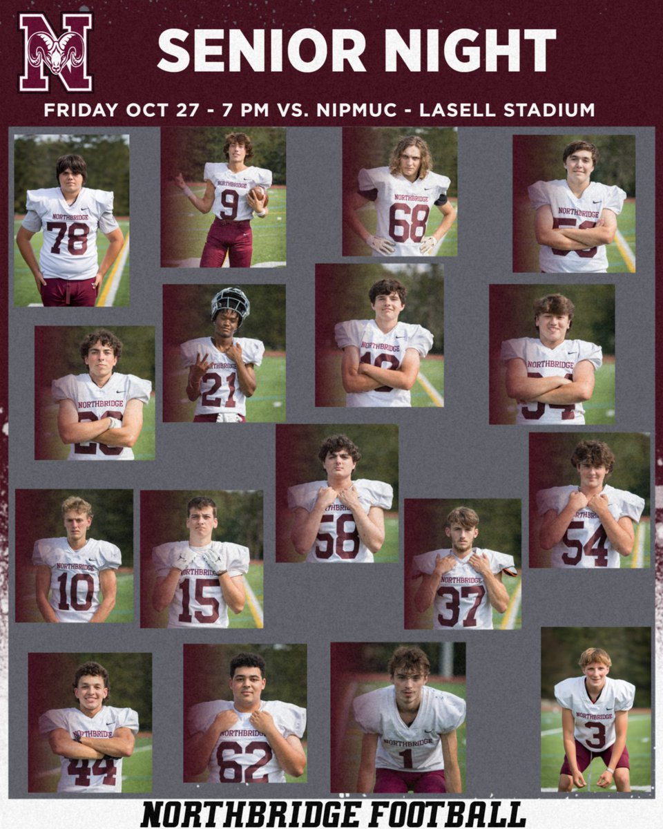 It is senior night for football!  Congrats to our 16 seniors.  Let's all be there to cheer on and thank Logan,  Brady, Mason, James, Adam, Sean, Will,  Anthony, Michael, Jake, Nick, Sean, Matt, Drew, Evan, Zach  and Brady!