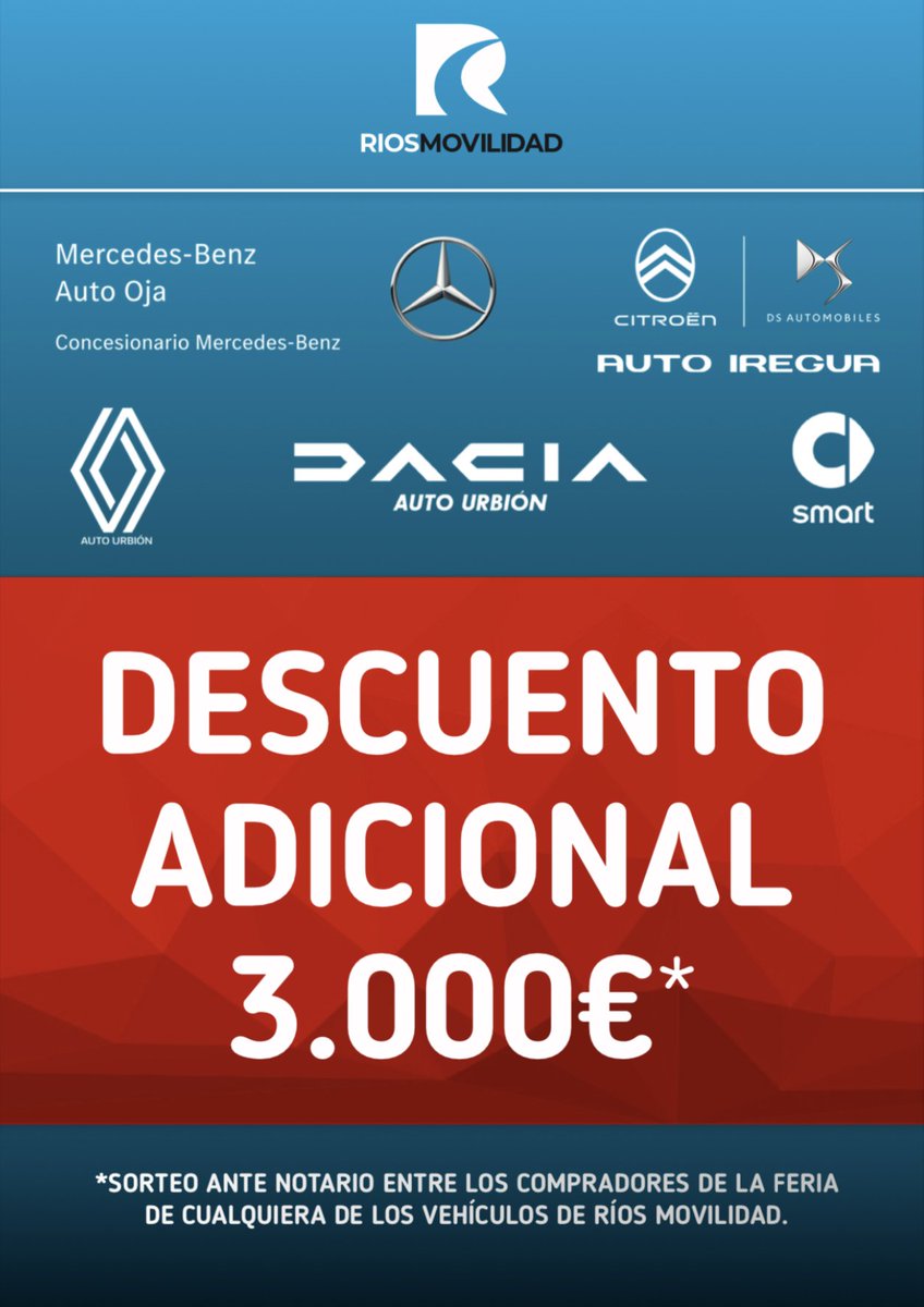 AutoYalde's tweet image. Entre todos los clientes que adquieran un #Citroën, #Dacia, #DSStore, #MercedesBenz o #Renault en la Feria del Vehículo de Ocasión de Albelda de Iregua sortearemos 3.000€ a descontar del importe total del vehículo adquirido*.

*Sorteo ante notario el 24 de noviembre.