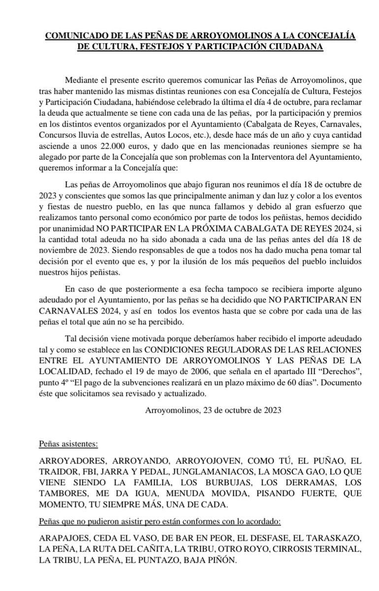 pisandofuerteAR's tweet photo. Compartimos comunicado de las peñas al ayuntamiento de @Arroyomolinos ... #Arroyomolinos https://t.co/PwgJr5cC8v