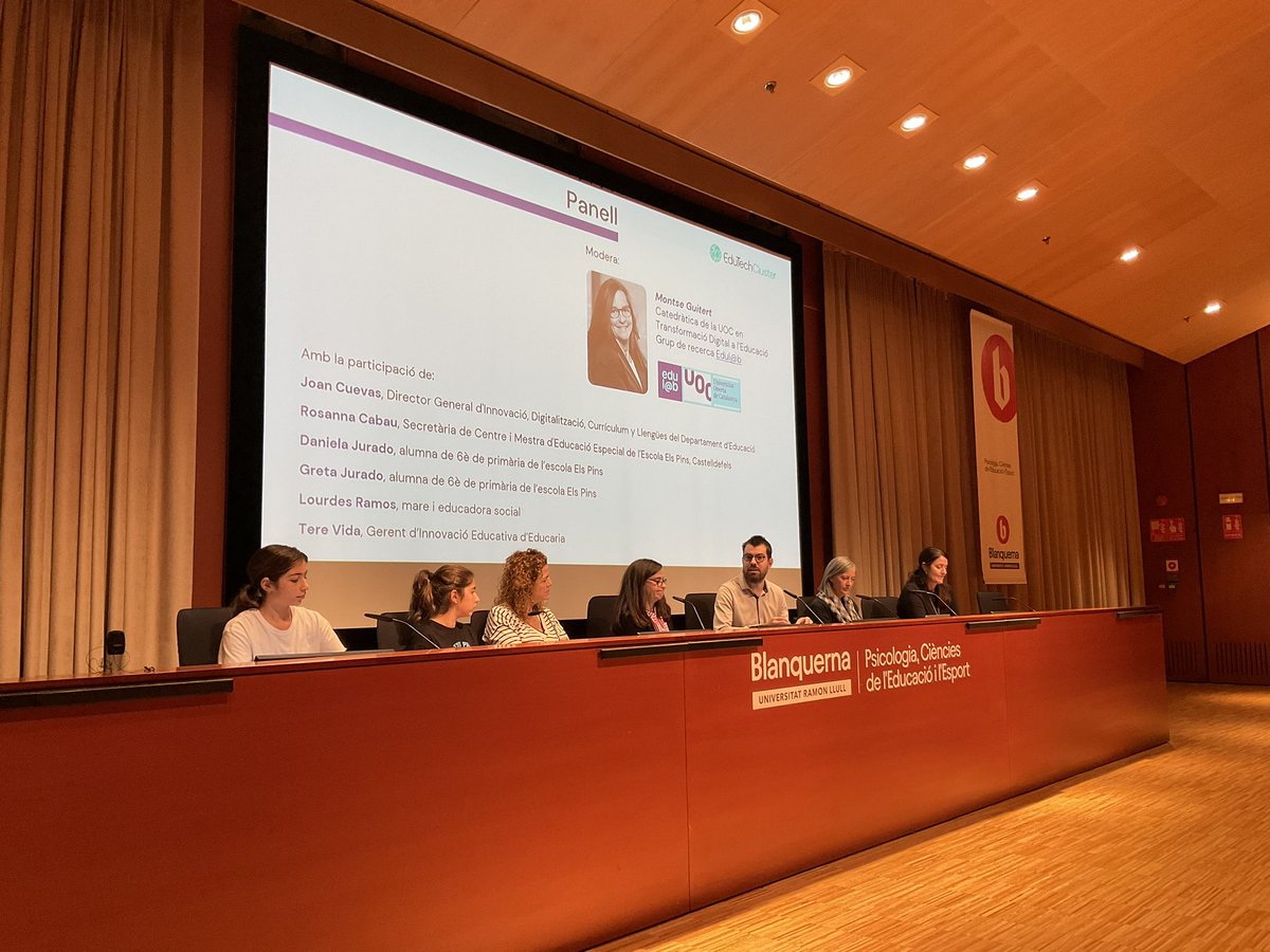 maprats's tweet photo. A la taula rodona de la Jornada organitzada pel @EdutechCluster @FeccComunicacio @UOCuniversitat @BlanquernaFPCEE sobre IA a l’educació amb diferents agents de la comunitat educativa amb @JoanCuevas @terevida @montseguitert #IAenEducacio https://t.co/NH3Fz0p3Lg