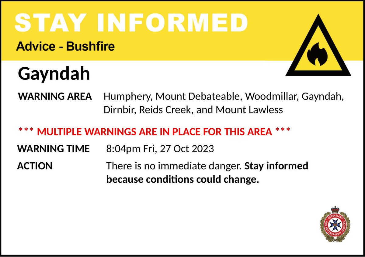 STAY INFORMED - Gayndah - Multiple Warnings - fire as at  8:04pm Friday, 27 October 2023.
For all current warnings, updates and mapping go to qfes.qld.gov.au/Current-Incide….