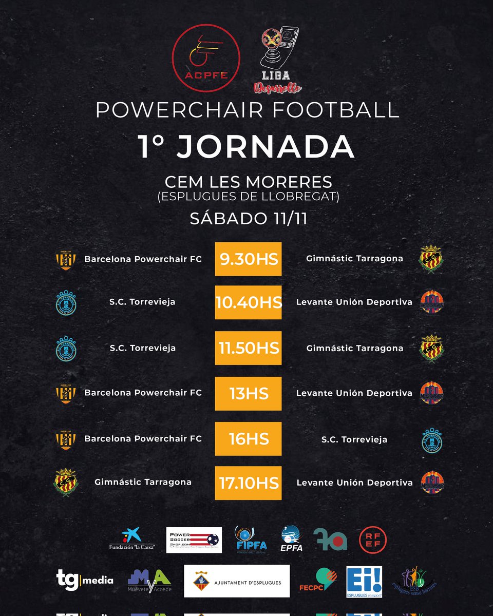 ACPFEOficial's tweet photo. Compartimos el cartel con el fixture completo de la primera fecha de la Liga Desarrollo ACPFE. Se acerca el día. Toda la competición en vivo por YouTube ACPFE. En el Complejo Deportivo Municipal Les Moreres, Esplugues de Llobregat. ¡Éxitos a los 4 clubes participantes! 👨🏻‍🦼⚽ https://t.co/bepgKwYmn5