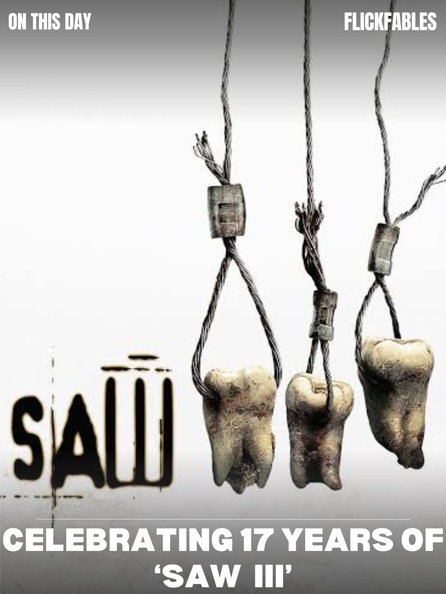 #FlickfablesOnThisDay #Episode20

Saw 3

Today, in 2007, Saw 3 was released. #Saw3 is a horror film directed by #DarrenLynnBousman. The film stars #TobinBell #ShawneeSmith #AngusMacfadyen #BaharSoomekh & #DinaMeyer.

#Hollywood #Jigsaw #JigsawKiller #SawX #SawIII #horrorthriller