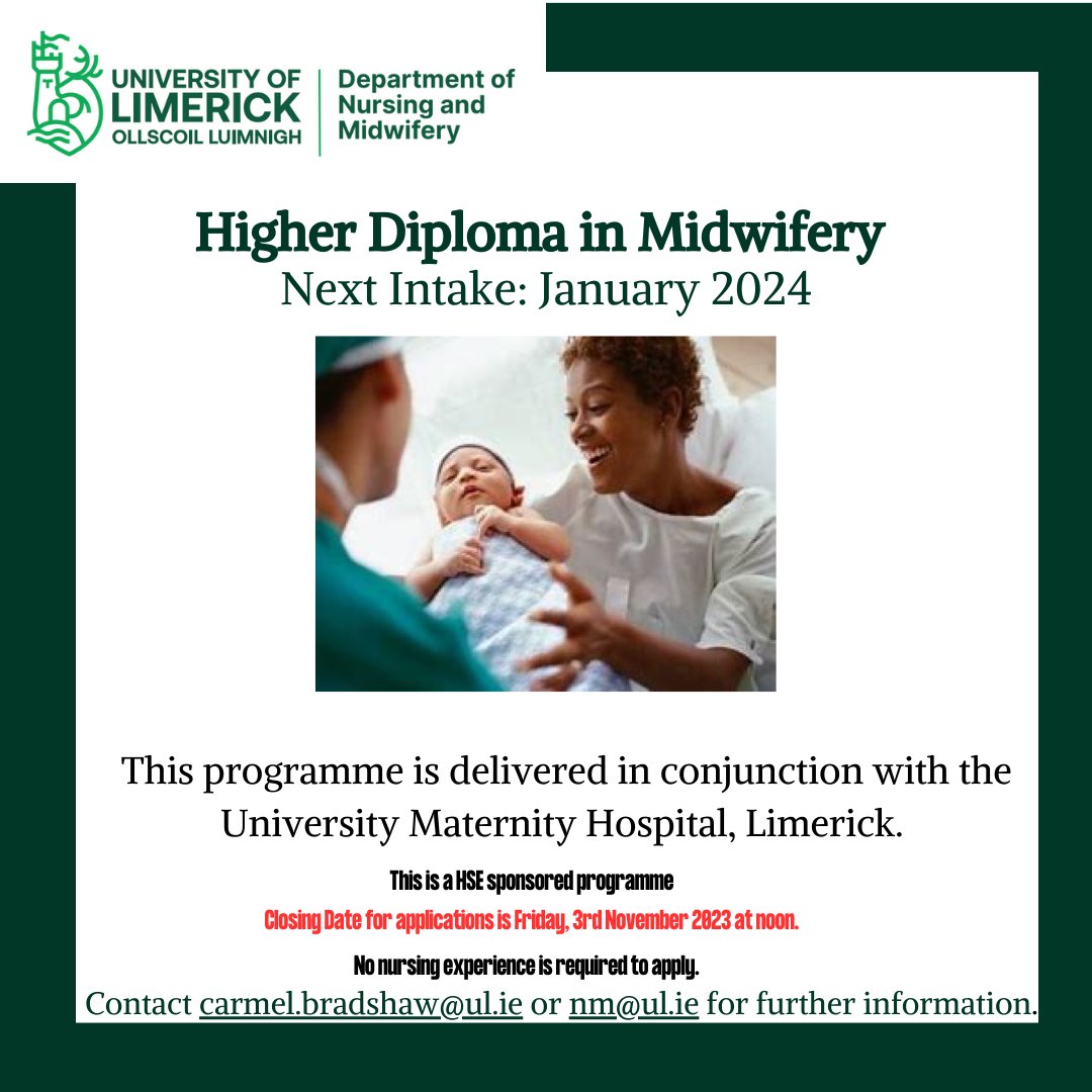 School of Nursing and Midwifery, UL (@nursingmid_ul) on Twitter photo Would you like to be a midwife? Now is your chance!
Closing date for applications to the Higher Diploma in Midwifery between UL & UMHL are extended to noon on Nov 3rd , please see link below to apply.
Contact carmel.bradshaw@ul.ie for further details
rezoomo.com/job/56236/ Would you like to be a midwife? Now is your chance!
Closing date for applications to the Higher Diploma in Midwifery between UL & UMHL are extended to noon on Nov 3rd , please see link below to apply.
Contact carmel.bradshaw@ul.ie for further details
rezoomo.com/job/56236/
