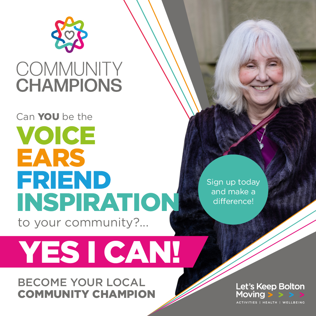 Do you want to inspire your community to live healthier, happier lives? Join the team as a Community Champion and help us to support local people. No minimum commitment and no experience needed. Visit letskeepboltonmoving.co.uk/communitychamp… for more info.
