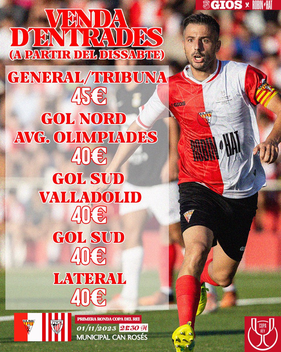 Unió Esportiva Rubí (@uerubi) on Twitter photo 𝗢𝗙𝗜𝗖𝗜𝗔𝗟 ❗ Tota l’INFORMACIÓ sobre les entrades del PARTIT de #CopaDelRei 🆚 l'<a href="/AthleticClub/">Athletic Club</a>
🏟️ VENDA a partir de dissabte a les 09:00h
➕ INFO ‼️
👉 bit.ly/474gtZY
🎟️ PREU DE LES ENTRADES
4️⃣0️⃣€ (GOLS I LATERAL)
4️⃣5️⃣€ (GENERAL/TRIBUNA)
🏆💥 #LaCopaMola 𝗢𝗙𝗜𝗖𝗜𝗔𝗟 ❗ Tota l’INFORMACIÓ sobre les entrades del PARTIT de #CopaDelRei 🆚 l'<a href="/AthleticClub/">Athletic Club</a>
🏟️ VENDA a partir de dissabte a les 09:00h
➕ INFO ‼️
👉 bit.ly/474gtZY
🎟️ PREU DE LES ENTRADES
4️⃣0️⃣€ (GOLS I LATERAL)
4️⃣5️⃣€ (GENERAL/TRIBUNA)
🏆💥 #LaCopaMola