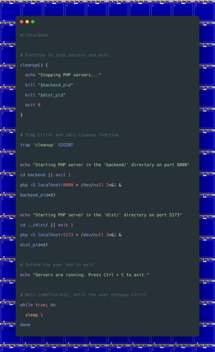daily_web_dev's tweet image. 🛠️ Ever needed to run multiple PHP development servers and found it tedious to stop them manually? Here's a Bash script that allows you to run two PHP servers in parallel and conveniently stop both with a single Ctrl+C. 🛑👇 #PHP #BashScripting #WebDevelopment