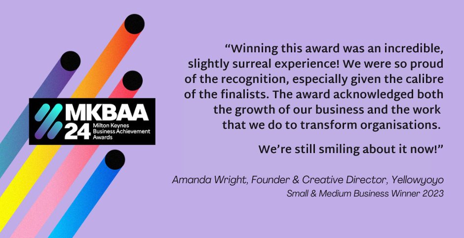 "We're still smiling about it now!"

How did winning the Small &amp; Medium Business Award feel for <a href="/AmandaWrightYY/">Amanda Wright</a> <a href="/TheYellowyoyo/">Yellowyoyo</a>? Could your organisation get that feeling for #MKBAA2024?

Entries close in just TWO WEEKS time, and it's such a simple process mkbaa.co.uk/award-categori…