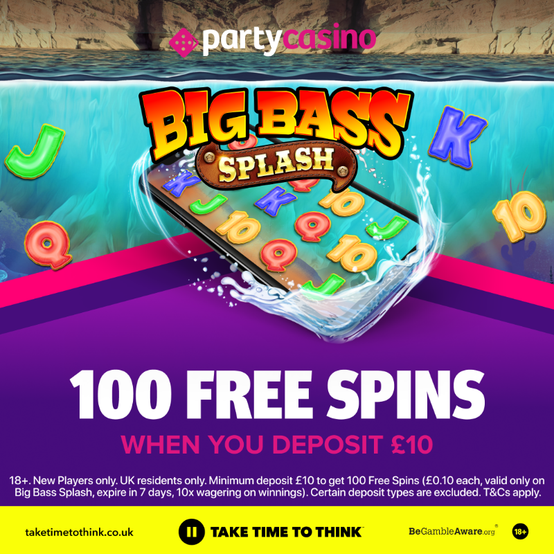 partycasino's tweet photo. Dive in, make a splash, and reel in your 100 FREE spins at PartyCasino - 3000+ slots and new exclusives every month! 🎣 🐟 🎰