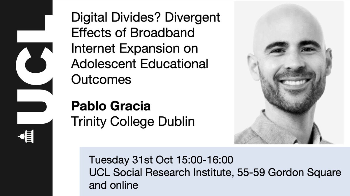Nicolás Libuy R. (@nicolibuy) on Twitter photo Next Tuesday 31st October, <a href="/pablogracia_twi/">Pablo Gracia</a> from Trinity College Dublin will present at the QSS-CLS seminar his research on the effect of broadband internet expansion on adolescent educational outcomes. Join us in person or online!
🔗 shorturl.at/pBFP5 Next Tuesday 31st October, <a href="/pablogracia_twi/">Pablo Gracia</a> from Trinity College Dublin will present at the QSS-CLS seminar his research on the effect of broadband internet expansion on adolescent educational outcomes. Join us in person or online!
🔗 shorturl.at/pBFP5