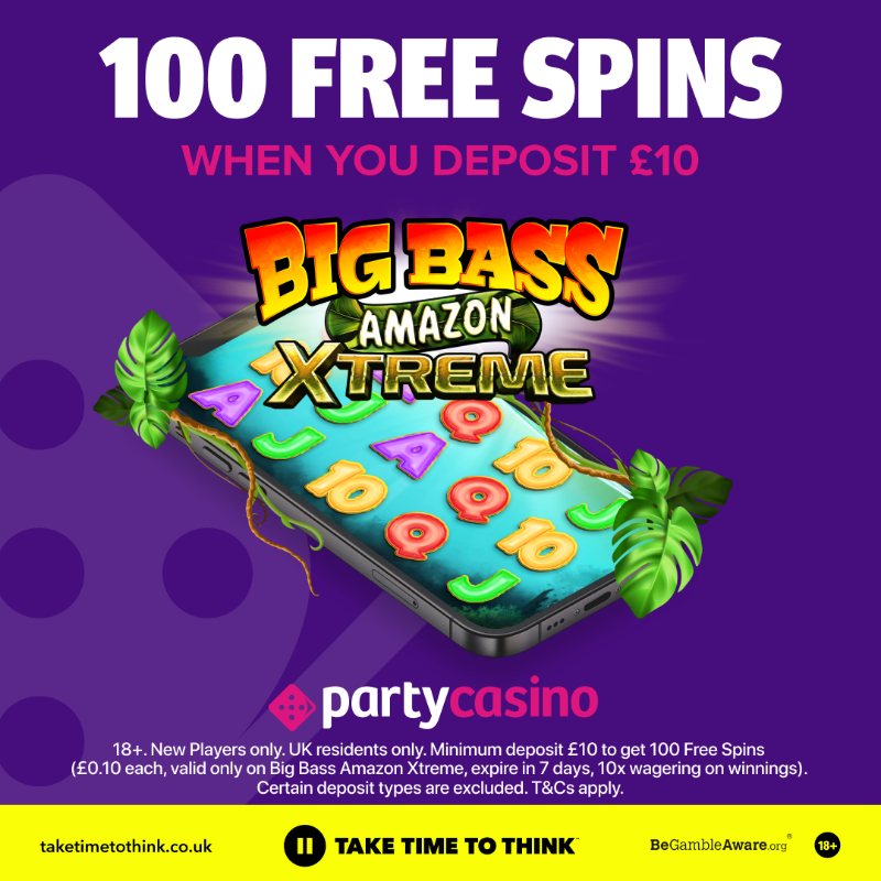 partycasino's tweet photo. Dive in, make a splash, and reel in your 100 FREE spins at PartyCasino - 3000+ slots and new exclusives every month! 🎣 🐟 🎰