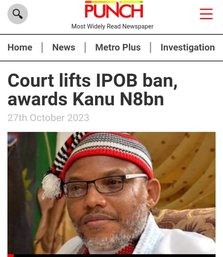 UmuodeZone's tweet photo. Court Declares Proscription, designation of #IPOB as a terror organization Illegal &amp; unconditional Awards N8b Damages To MaziNnamdiKanu @UN @UNWatch @FCDOGovUK @EU_Commission @UNHumanRights @StateDept @InstituteGC @USIP @BBCAfrica @CNNAfrica @KremlinRussia_E @mfa_russia @UNWatch https://t.co/T2SAJOUKBc