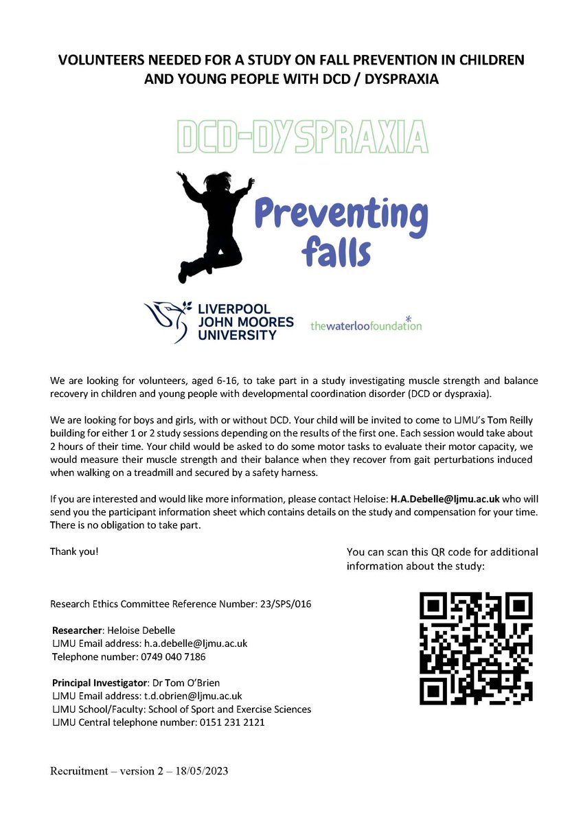 📢We are actively looking for research participants! 📢

If your child has dyspraxia - or you think they may have dyspraxia - get in touch with us to participate in an exciting research project which aims at preventing falls!

➡️✉️H.A.Debelle@ljmu.ac.uk

Please RT &amp; share 🙏