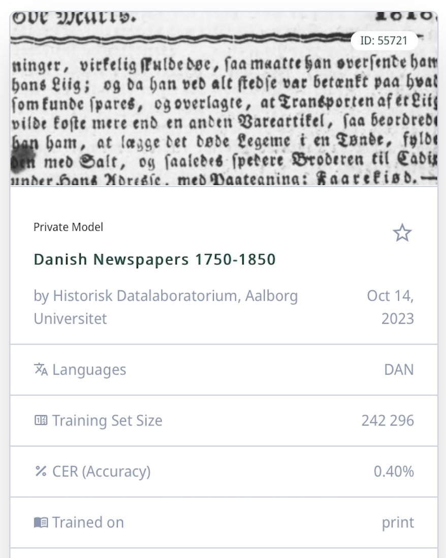 Ny transkribusmodel!  📰📰

Sammen med studerende har <a href="/JohanHeinsen/">Johan Heinsen</a> &amp; @camillabl96lavet lavet en Transkribusmodel, der læser DKs avissamling fra 17- &amp; 1800-tal m en præcision på ca. 99.5% Aviserne har ellers været svære at bruge, trad OCR kun gætter rigtigt ca hver anden gang.