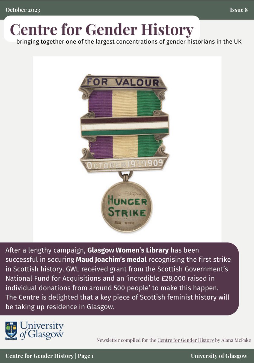 Another quarter, another newsletter! Our cover celebrates @womenslibrary’s securing Maud Joachim’s medal with a grant from ScotGov and generous donations. The medal recognises the first Scottish hunger strike; a fantastic bit of feminist history to have in Glasgow. (1/8) 🧵