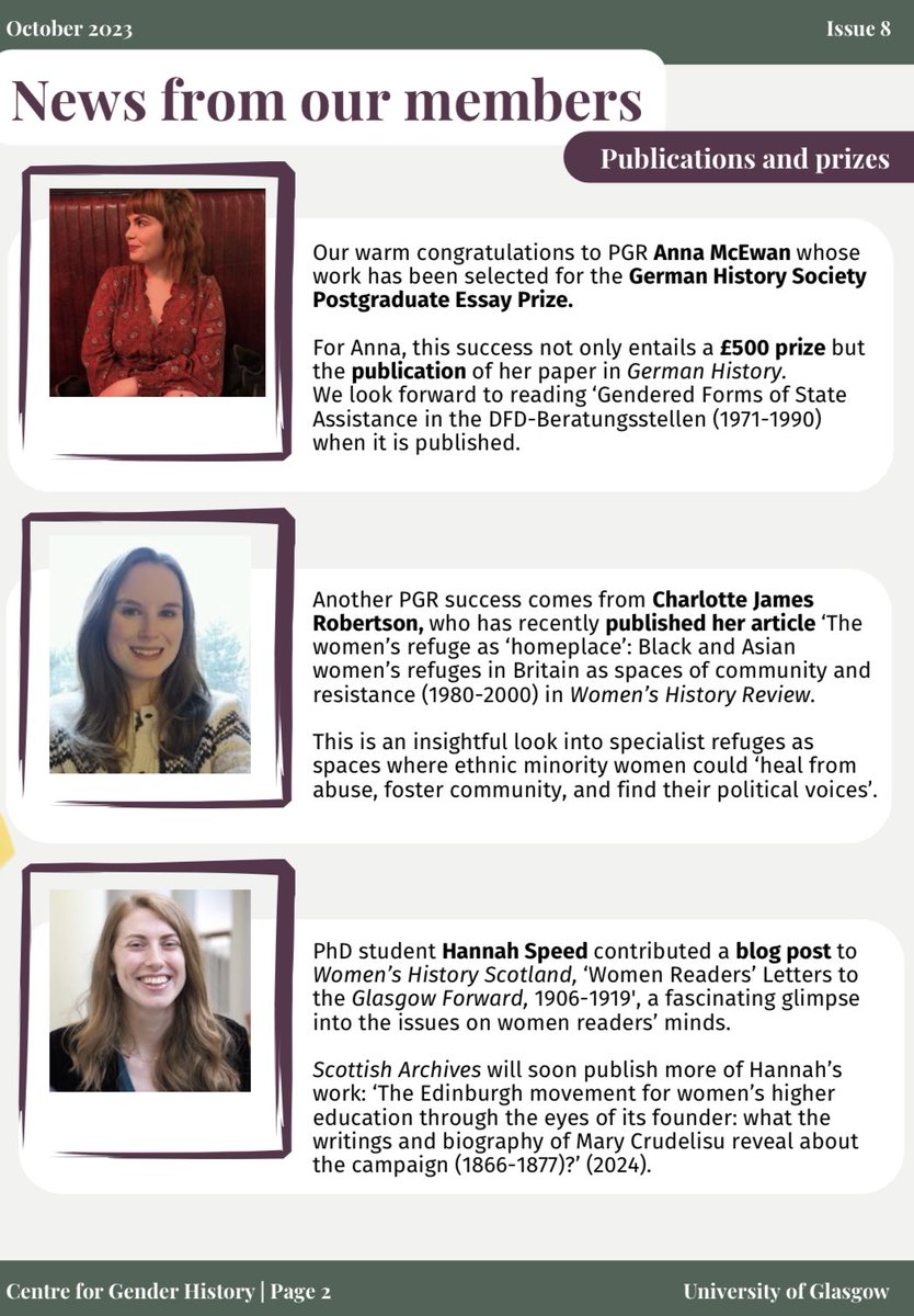 Our PGRs are celebrating many successes this summer! @annamcewanx’s work was selected for a prize and publication in ‘German History’, @CharJamesR’s article was published in ‘Women’s History Review’, and Hannah Speed’s blog was featured on @WomensHistScot. Well done all. (2/8)