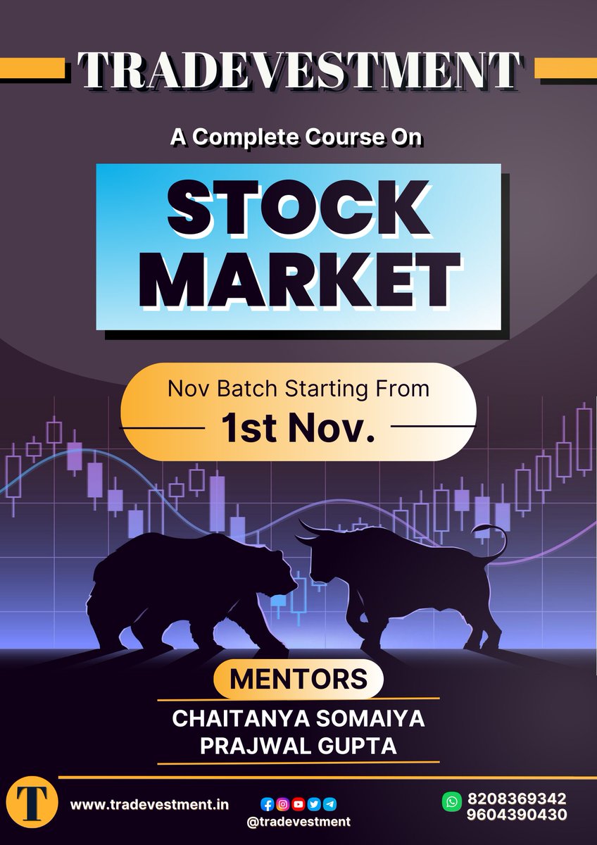 Tradevestment's tweet image. #Tradevestment
#StockMarket #Course
#November
Complete Course divided into 4 parts

1. Fundamentals (Basic)
2. Technicals (Advance)
3. Options &amp;amp; Commodity
4. Paper Trading 

November Batch
Starting from 1st Nov.

Seats - Limited 5 in each batch
Special Batch - Weekend
