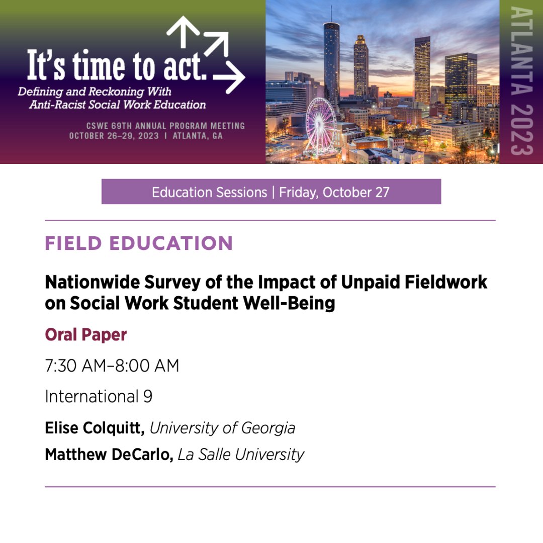 *TODAY* at the CSWE APM
Nationwide Survey of the Impact of Unpaid Fieldwork on Social Work Student Well-Being
Elise Colquitt, University of Georgia <a href="/euphoricmelon/">Elise</a> <a href="/UGAP4P/">Payment for Placements UGA</a> 
Matthew DeCarlo, La Salle University <a href="/profmattdecarlo/">Matt DeCarlo moved to BlueSky</a> <a href="/LaSalleUniv/">La Salle University</a>
From 7:30 AM–8 AM in International 9