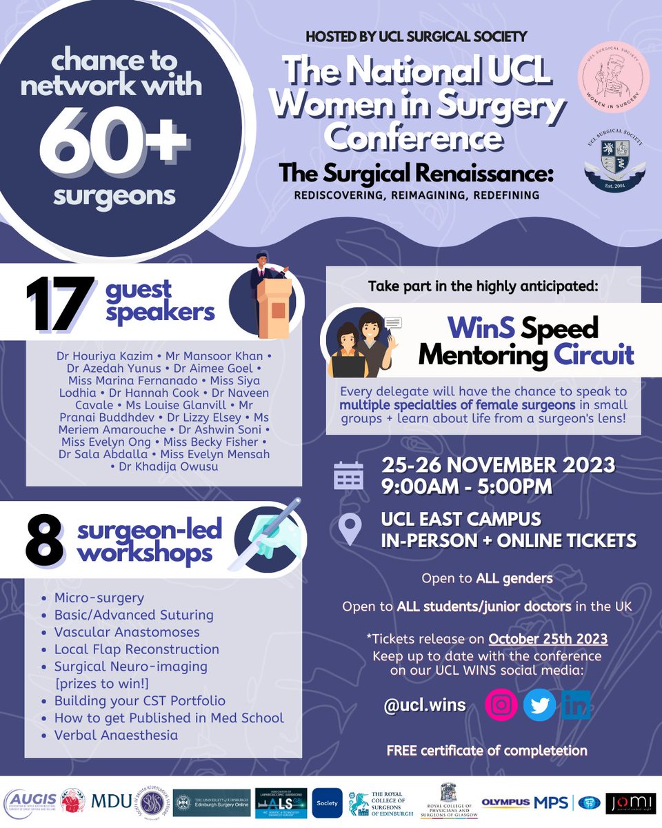 UCL Women in Surgery (@wins_ucl) on Twitter photo 🎉 Tickets for the Women in Surgery Conference are now out! 🎉🎟️
Details: Nov 25 - 26th 2023 @ UCL East Campus
studentsunionucl.org/whats-on/event…
Keep up to date with the conference on our UCL WINS social media pages. We can't wait to see you there! 🎉 Tickets for the Women in Surgery Conference are now out! 🎉🎟️
Details: Nov 25 - 26th 2023 @ UCL East Campus
studentsunionucl.org/whats-on/event…
Keep up to date with the conference on our UCL WINS social media pages. We can't wait to see you there!