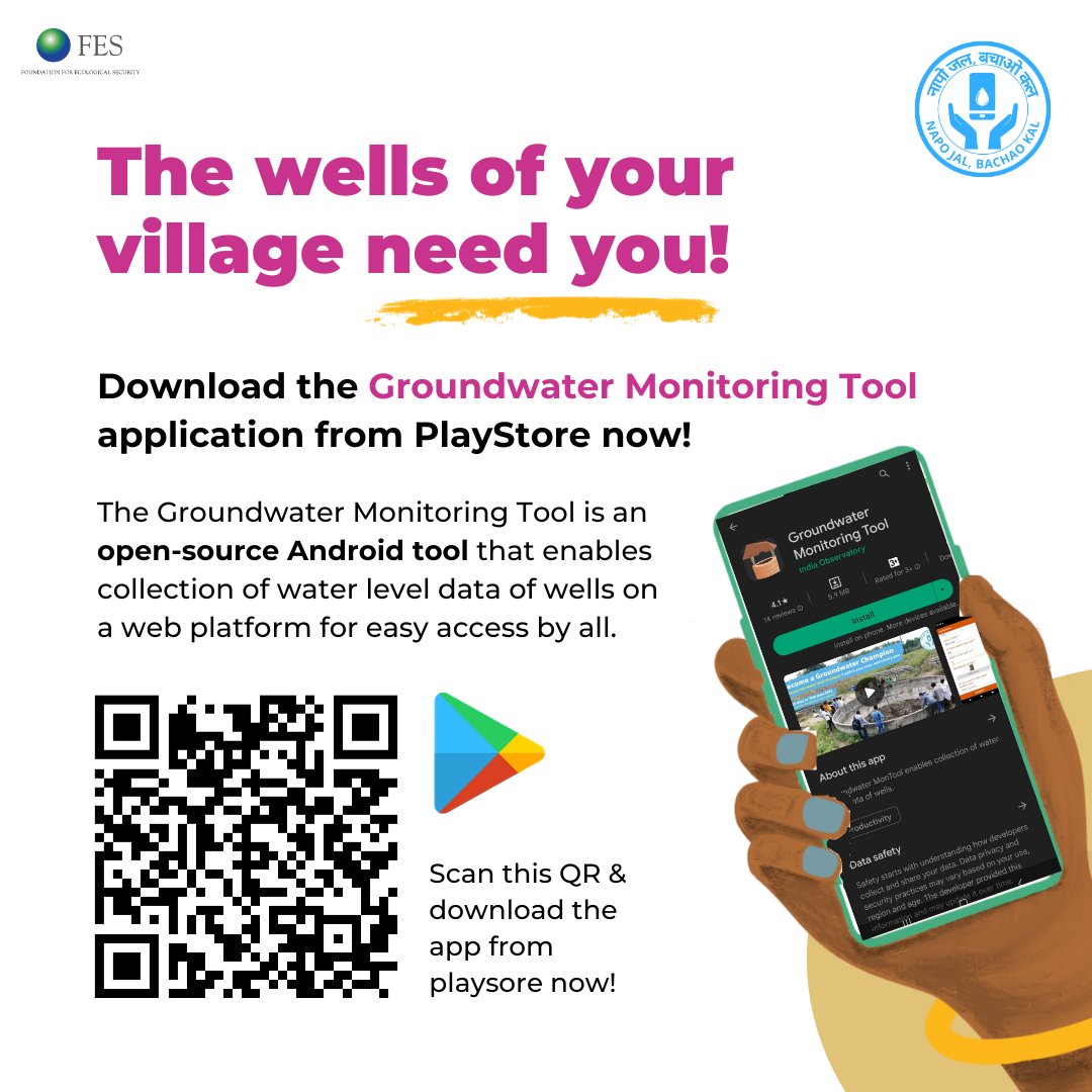 Join the post-monsoon season of the #NapoJalBachaoKal campaign to collect well-water data from across the country! 
Scan this QR code to download the Groundwater Monitoring Tool app from PlayStore #GroundwaterMonitoring #MakeInvisibleVisible #PromiseOfCommons #WaterCommons
