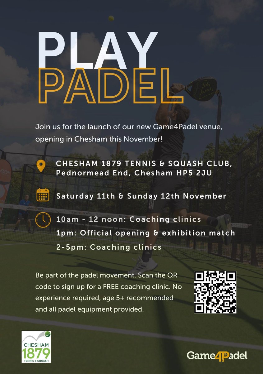 Chesham 1879 /Game4 Padel will be opening our new padel courts Saturday  11th &amp; Sunday 12th November .
Book your free session. Equipment provided.