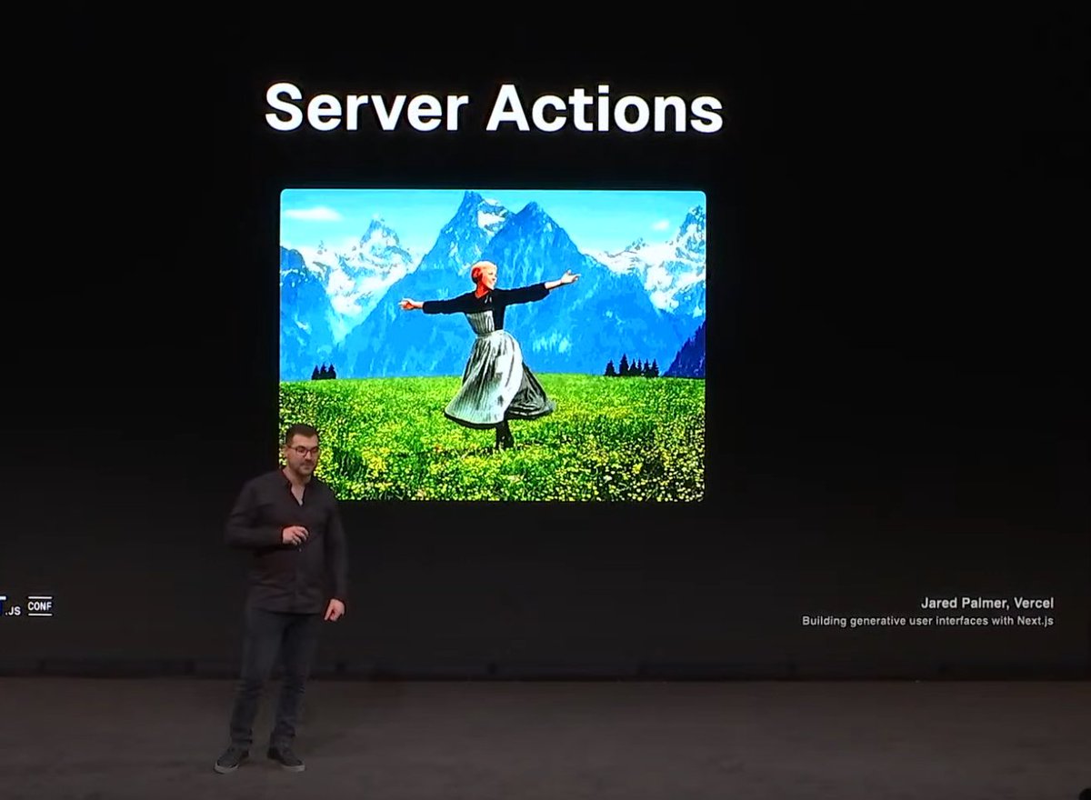 thematheusmello's tweet image. These are the main take takeaways from Next.js Conf:
Introducing Server Actions in Next.js 14! No more manual creation of API Routes. Define a function that runs securely on the server, right from your React components. #NextJS14 #ServerActions
Watch it: nextjs.org/conf/stage/j