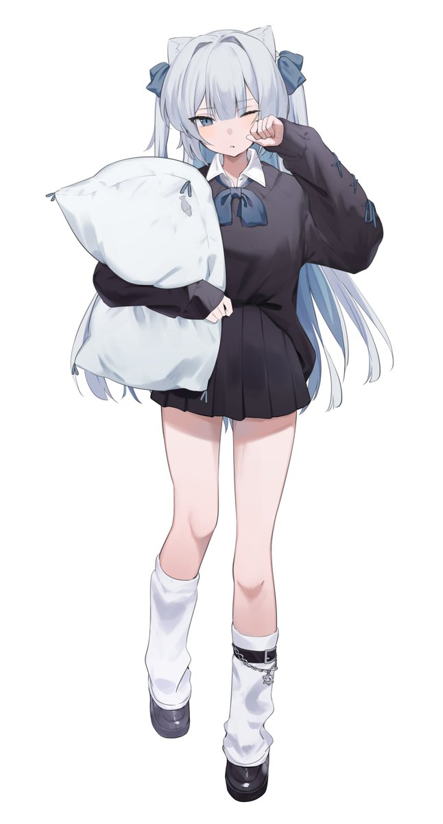 1girl solo pillow long hair holding pillow white background full body  illustration images