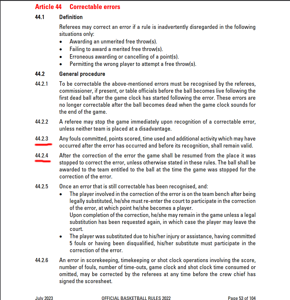 lostgps's tweet photo. Ok here are the relevant rules. 
If I understand them correctly since they stopped the game to correct the error (44.2.2), then articles 44.2.3 and 44.2.4 should apply.
To my interpretation the basket is valid, correction of the clock and possession for Madrid. https://t.co/ybn4na1UNW