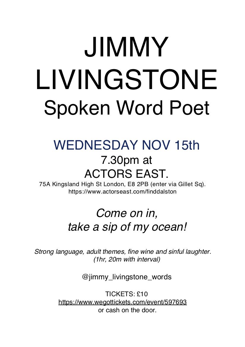 Jimmy's gonna wine 'n rhyme ya! Come on down, feel the big, Barry White-sized love. Wed 15th Nov at Actors East in Dalston. Here's a ticket link: wegottickets.com/event/597693