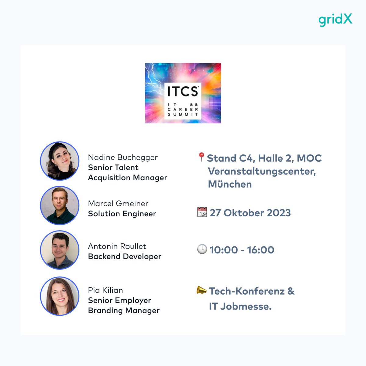 getgridX's tweet image. 💼🎪 You can visit the IT job fair with over 100 exhibitors and 50 event highlights today at @itcs_conference