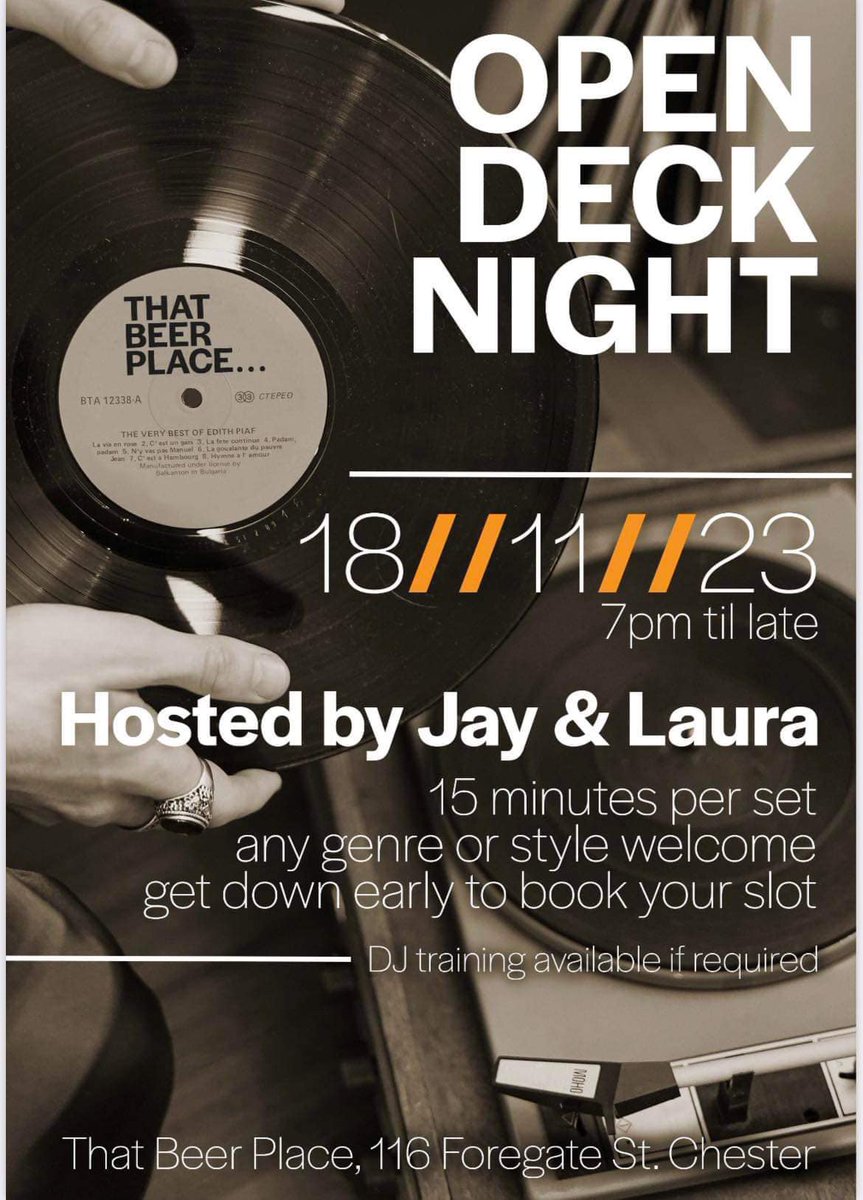 THAT BEER PLACE... (@thatbeerplacehq) on Twitter photo OPEN DECK NIGHT 18//11//23 🎧
Fresh new night at our gaff! Don't be shy, grab your tunes, come down & spin 'em.
<a href="/ShitChester/">12 years of Shitchester</a> OPEN DECK NIGHT 18//11//23 🎧
Fresh new night at our gaff! Don't be shy, grab your tunes, come down & spin 'em.
<a href="/ShitChester/">12 years of Shitchester</a>