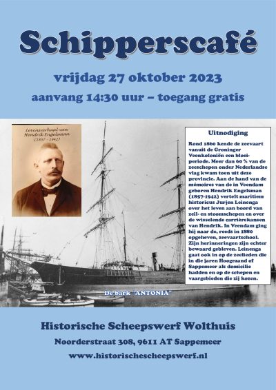 Vandaag 14.30 uur #Schipperscafé 

Maritiem historicus Jurjen Leinenga vertelt over het leven aan boord van zeil- en stoomschepen aan de hand van de zeemansloopbaan van de Veendammer kapitein Hendrik Engelsman (1857-1942)