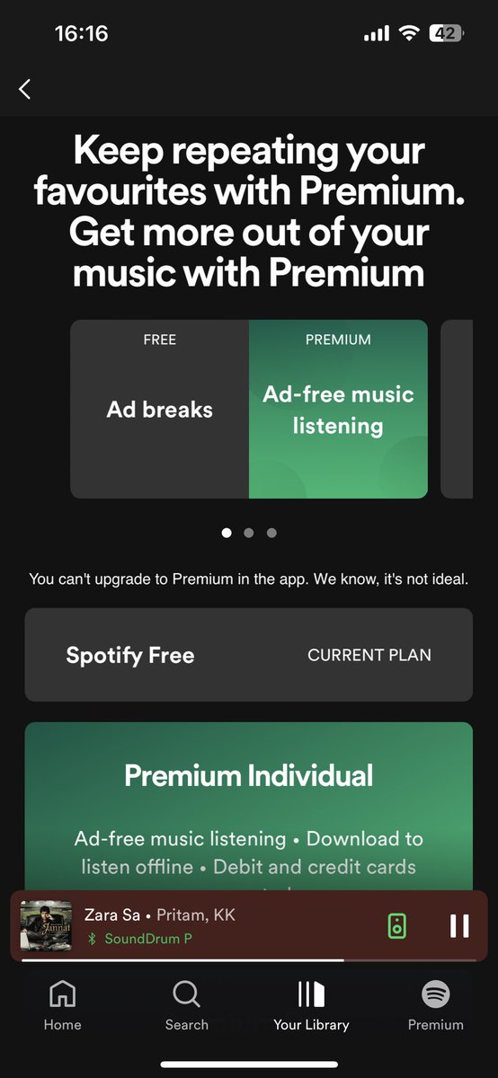 jarjee14's tweet photo. @spotifyindia &amp; @Spotify 

Disabling basic functions wont increase your Premium users!
You’ll just lose the market to someone who is willing to offer it for free.

This is pure EVIL !!

#HatingSpotify https://t.co/GZyjgMka5o