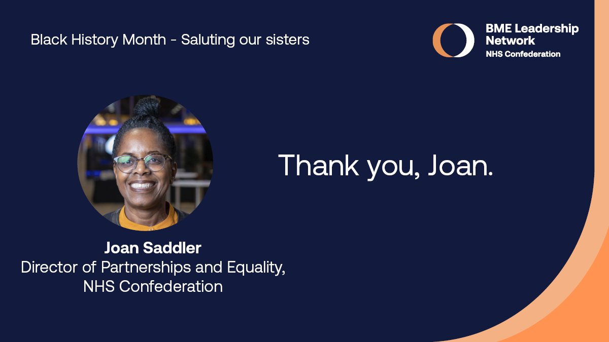 This #BlackHistoryMonth we'd like to share our appreciation for Joan Saddler, director of partnerships and equality @NHSConfed. 
 
Joan was awarded an OBE for services to health and care, she champions equity and inclusion in all that she does. Thank you Joan! #SalutingOurSisters