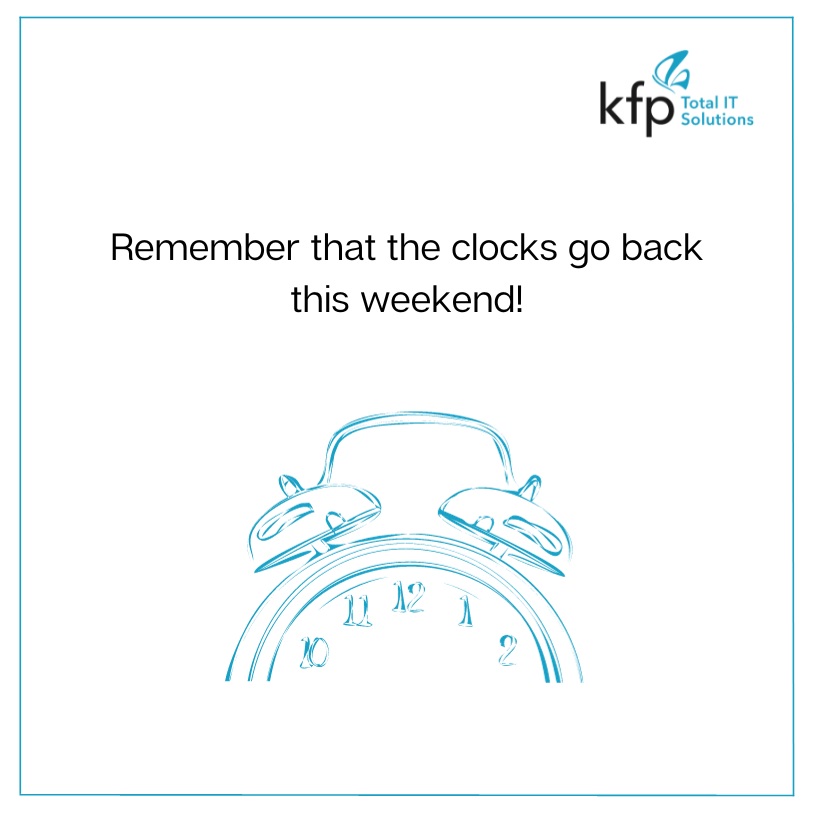 Remember that the clocks go back this weekend!

our customers can rest assured as our Retail IT helpdesk support function provides 24/7/364 technical support..

Fine our more at kfpit.com or contact the sales team for a chat - sales@kfpit.com

#Change  #WeAreRetail