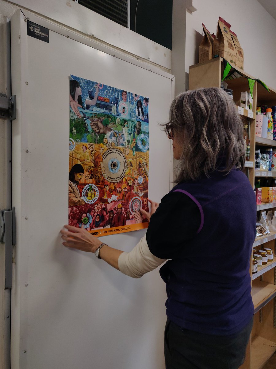 Yesterday at the end of the, awesome @workers_coop gathering in Birmingham, we all volunteered the next thing we would do: 1. Take some posters, stickers and workers code of conduct booklets to @beaniessheff — this one is "workers.coop for workers control" #coops